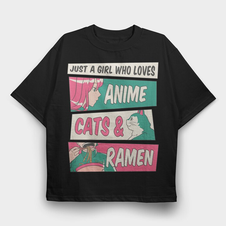 Anime Girl Cat And Ramen, Tricou Oversize Barbati (Unisex)
