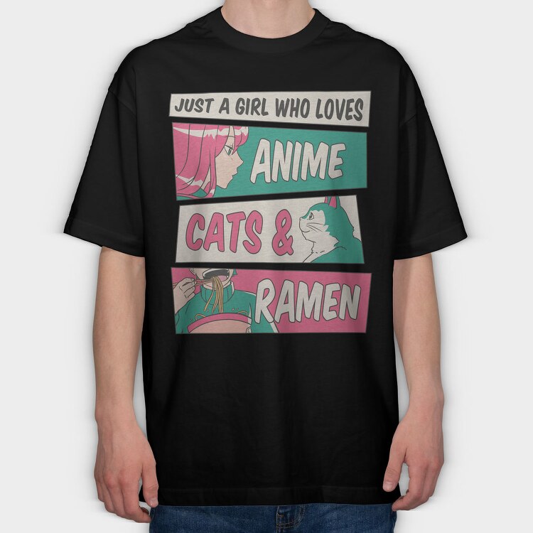 Anime Girl Cat And Ramen, Tricou Oversize Barbati (Unisex)