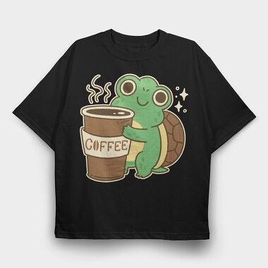 Turtle Drinking Cofffee, Tricou Oversize Barbati (Unisex)