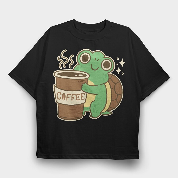 Turtle Drinking Cofffee, Tricou Oversize Barbati (Unisex)