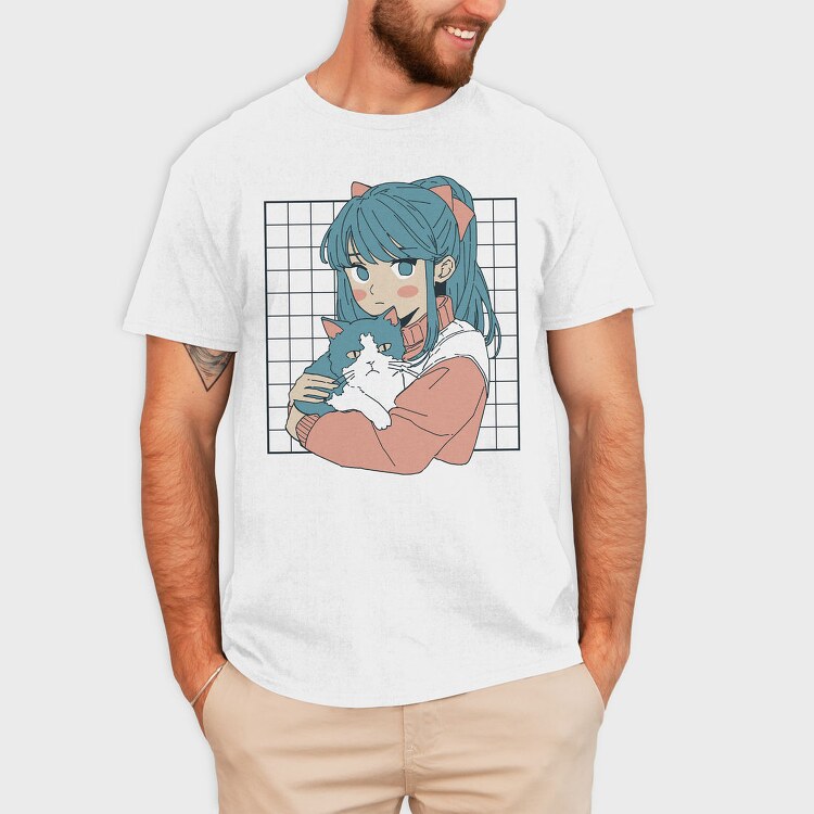 Anime Girl With Cat, Tricou Barbati (Unisex)