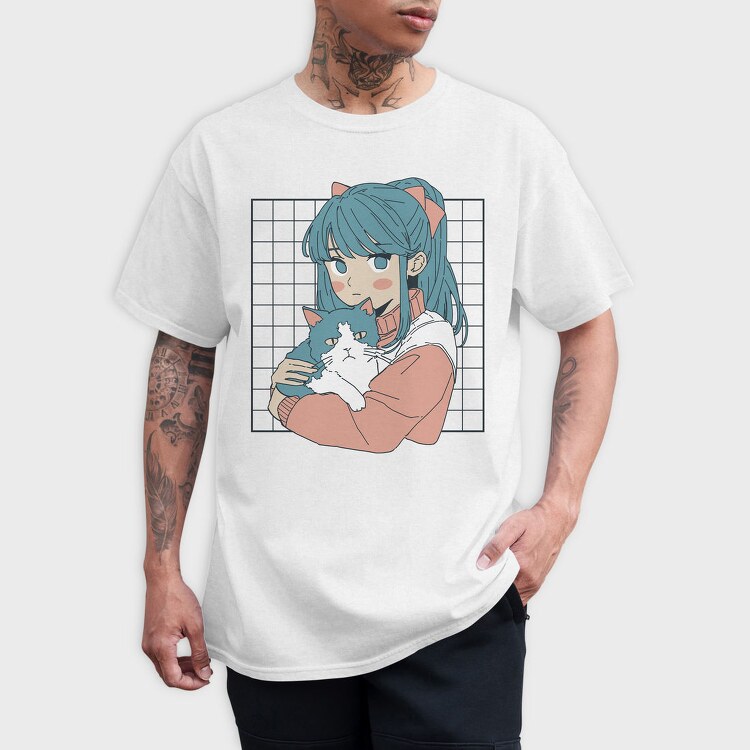 Anime Girl With Cat, Tricou Barbati (Unisex)