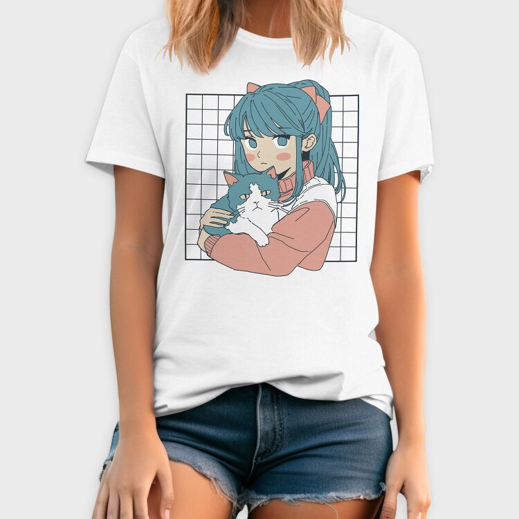 Anime Girl With Cat, Tricou Barbati (Unisex)