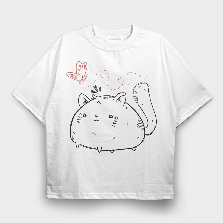 Chubby Cat And Butterfly Sketch, Tricou Oversize Barbati (Unisex)