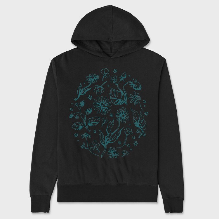 Circle Of Flowers And Leaves Botanical Line Elements, Hanorac Oversize Barbati (Unisex)