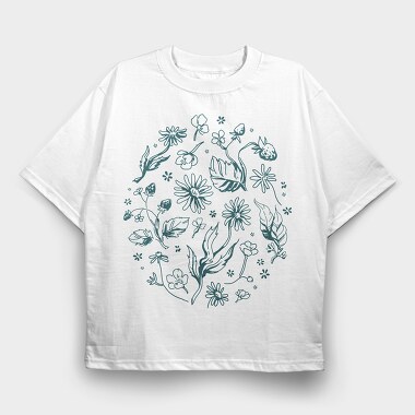 Circle Of Flowers And Leaves Botanical Line Elements, Tricou Oversize Barbati (Unisex)