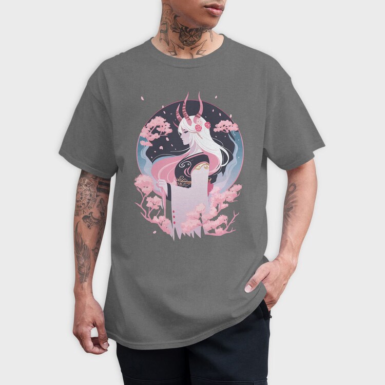 Demon Japanese Fantasy Girl Sorceress Horn Sakura, Tricou Barbati (Unisex)