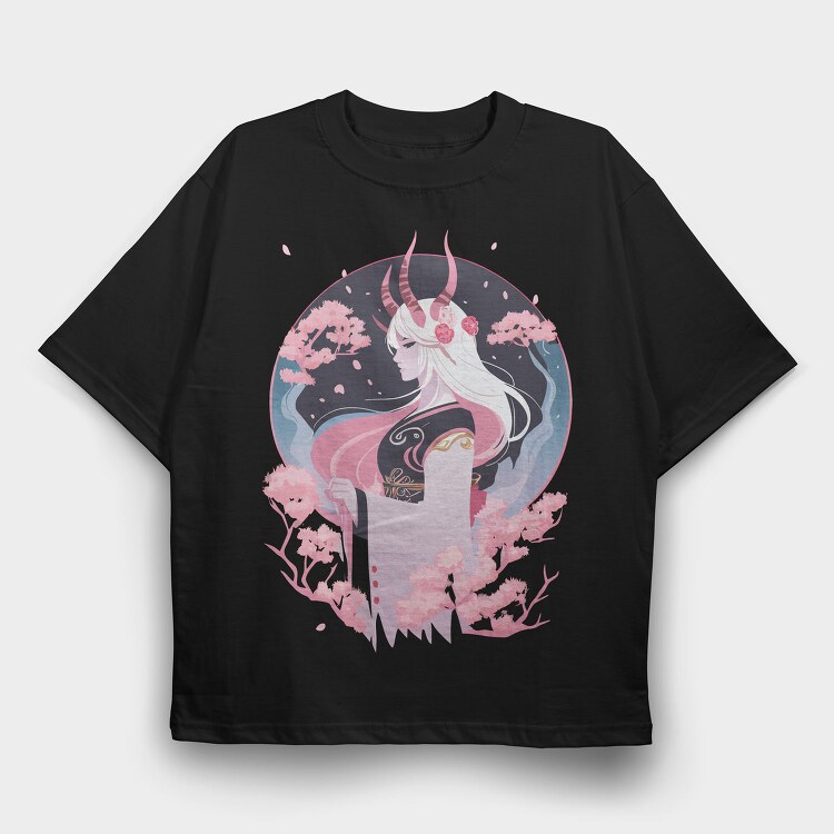 Demon Japanese Fantasy Girl Sorceress Horn Sakura, Tricou Oversize Barbati (Unisex)