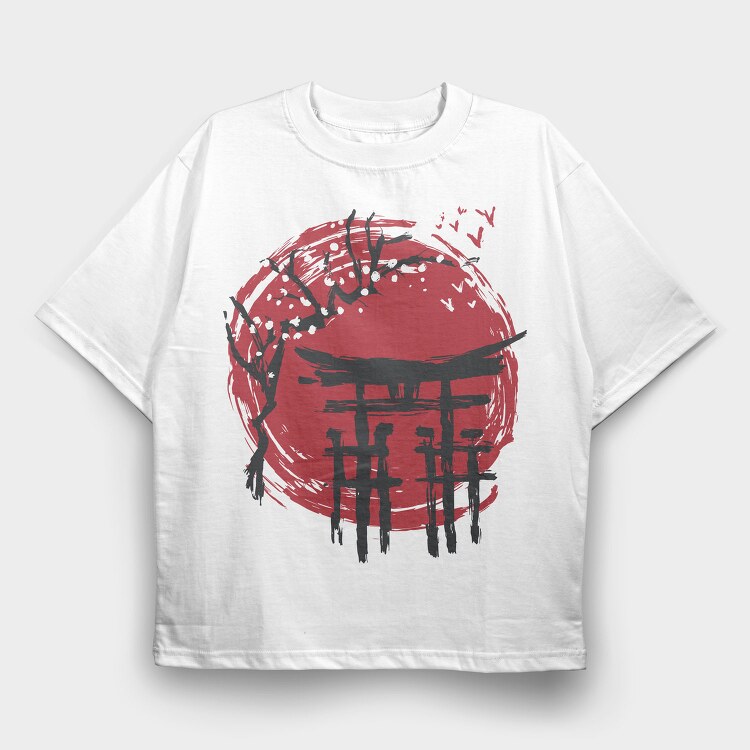 Japanese Temple Arch Ink With Tree, Tricou Oversize Barbati (Unisex)