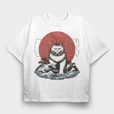 Japanese Wave Cat Catzilla, Tricou Oversize Barbati (Unisex)