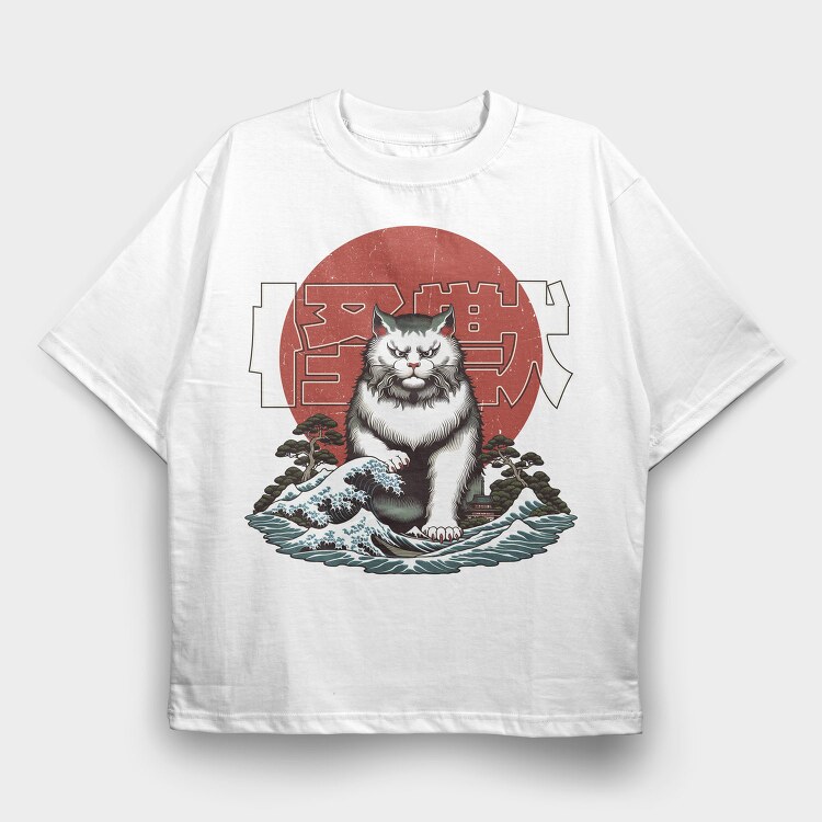 Japanese Wave Cat Catzilla, Tricou Oversize Barbati (Unisex)