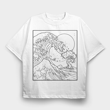 Japanese Wave Line Art, Tricou Oversize Barbati (Unisex)