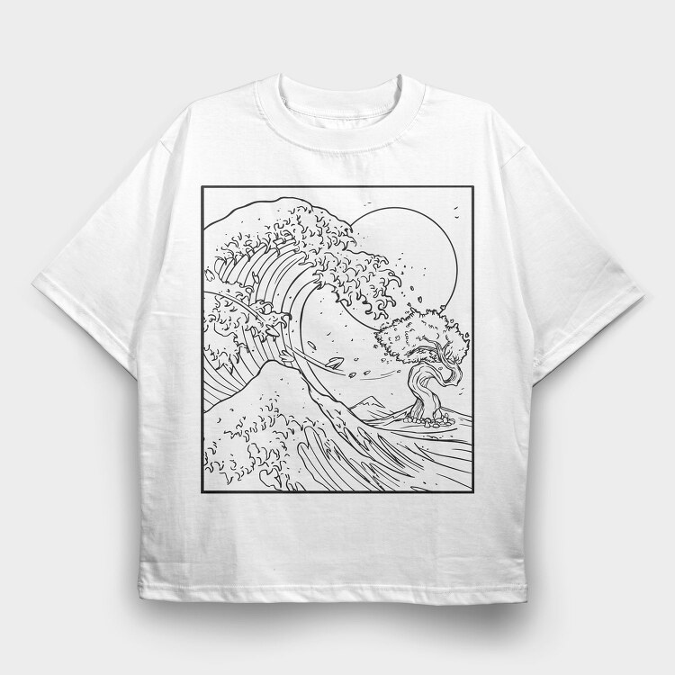 Japanese Wave Line Art, Tricou Oversize Barbati (Unisex)