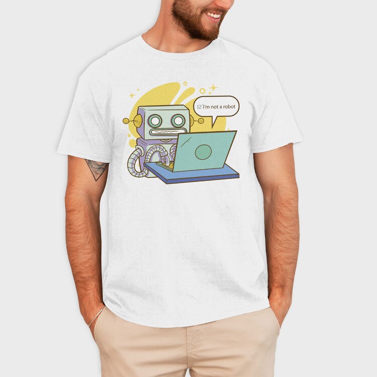Robot Working On Computer, Tricou Barbati (Unisex)