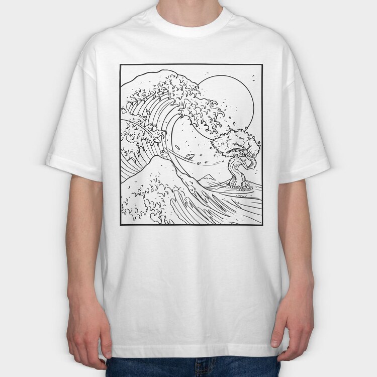 Japanese Wave Line Art, Tricou Oversize Barbati (Unisex)