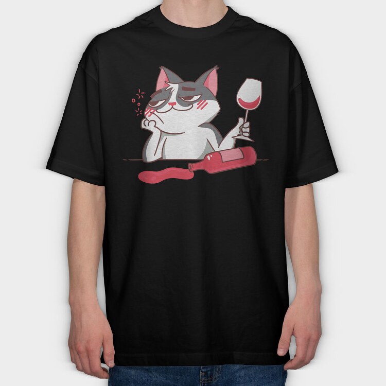 Wine Cat Drunk, Tricou Oversize Barbati (Unisex)
