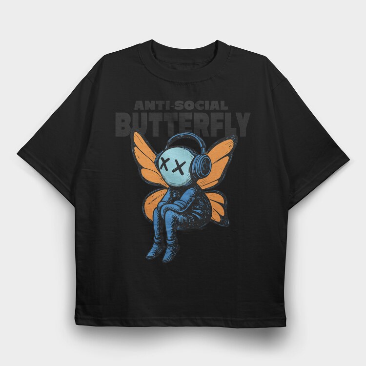 Anti Social Butterfly With Headphones, Tricou Oversize Barbati (Unisex)