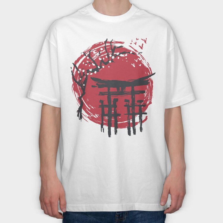 Japanese Temple Arch Ink With Tree, Tricou Oversize Barbati (Unisex)