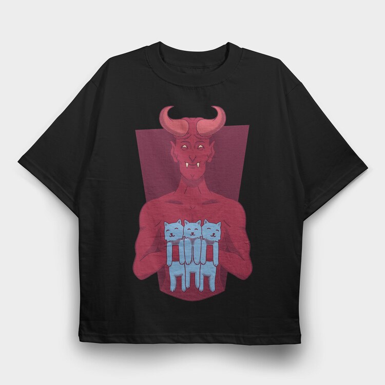 Devil With Cat Holding Kittens, Tricou Oversize Barbati (Unisex)