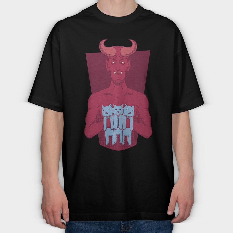 Devil With Cat Holding Kittens, Tricou Oversize Barbati (Unisex)