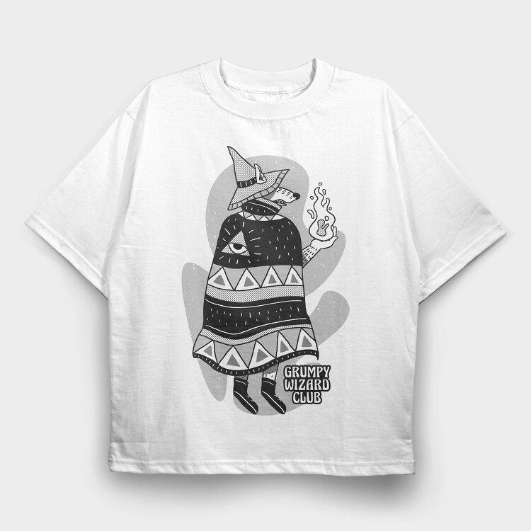 Cartoon Wizard Wolf Fantasy Grumpy Club, Tricou Oversize Barbati (Unisex)