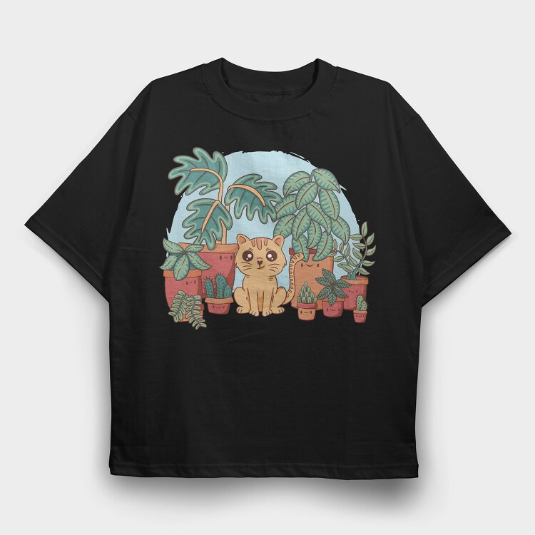 Cat And Plants, Tricou Oversize Barbati (Unisex)