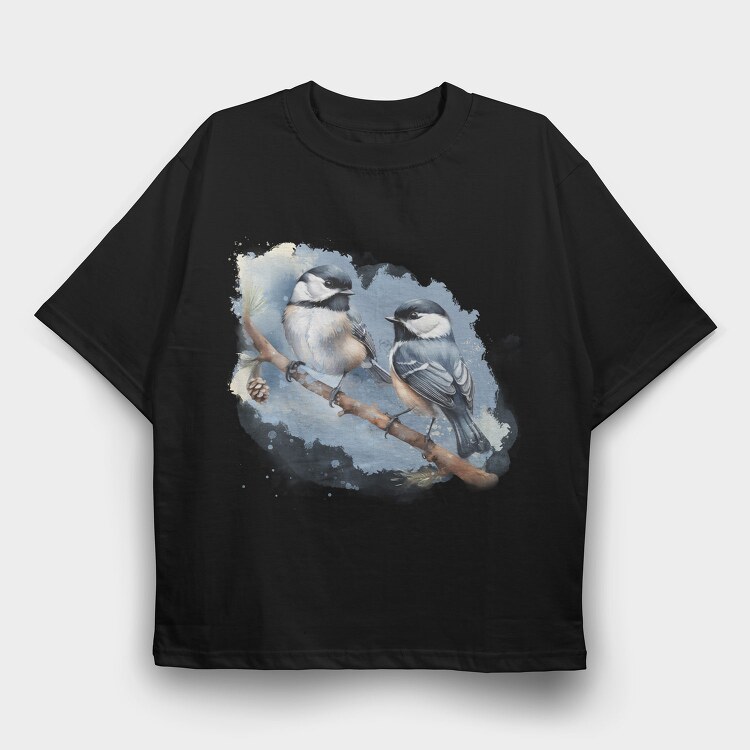 Winter Chickadee Birds, Tricou Oversize Barbati (Unisex)