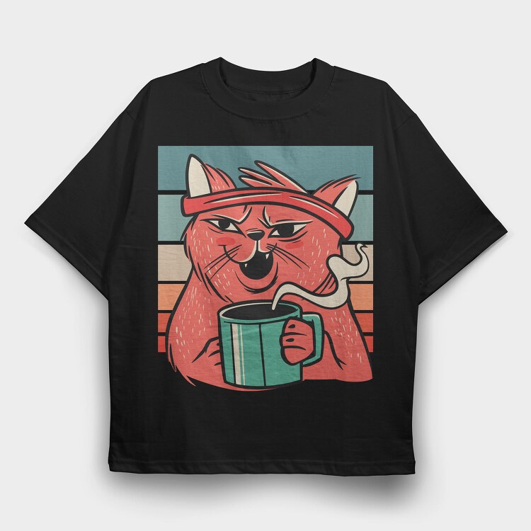 Cat Drinking Coffee (2), Tricou Oversize Barbati (Unisex)