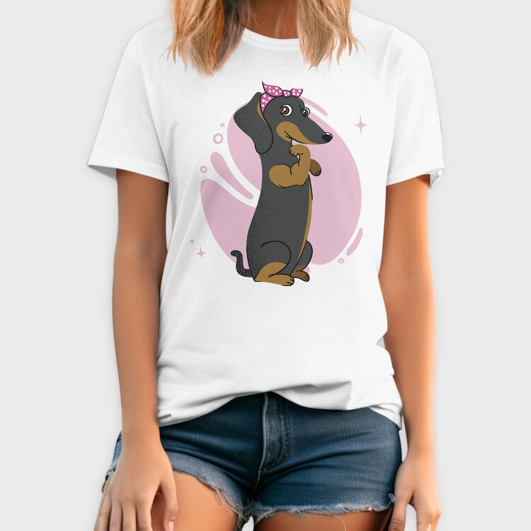 Dachshund Dog Pink Bow Dachsund Riveter Girl, Tricou Barbati (Unisex)