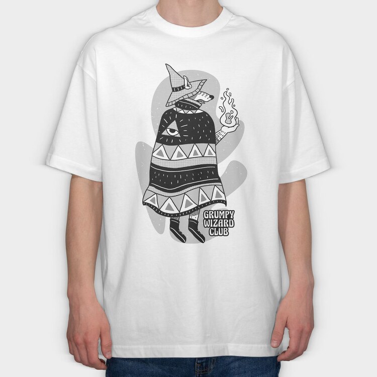 Cartoon Wizard Wolf Fantasy Grumpy Club, Tricou Oversize Barbati (Unisex)