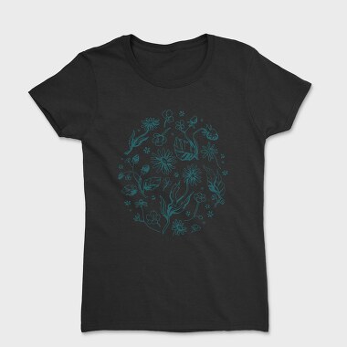 Circle Of Flowers And Leaves Botanical Line Elements, Tricou Femei