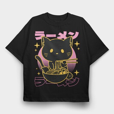 Cat Eating Ramen Food Retro, Tricou Oversize Barbati (Unisex)