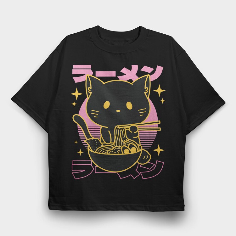 Cat Eating Ramen Food Retro, Tricou Oversize Barbati (Unisex)