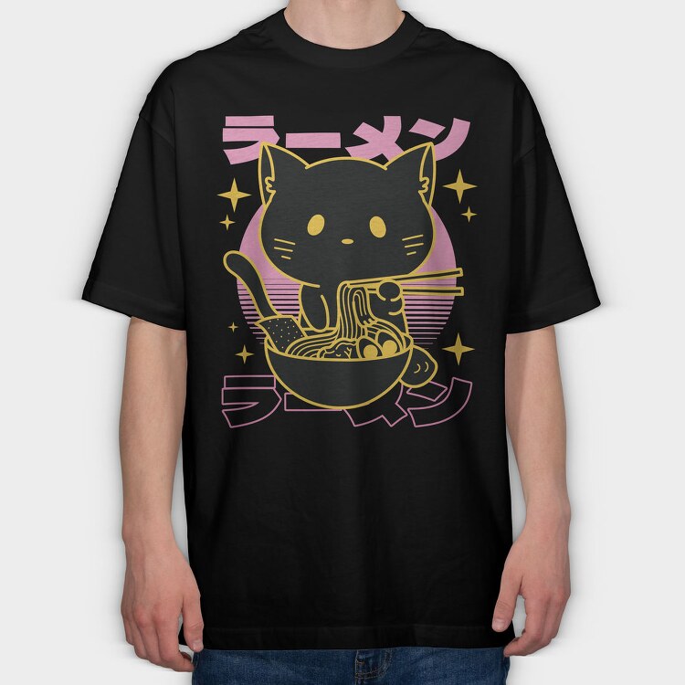 Cat Eating Ramen Food Retro, Tricou Oversize Barbati (Unisex)