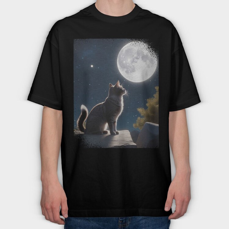Cat Gazing At The Moon, Tricou Oversize Barbati (Unisex)