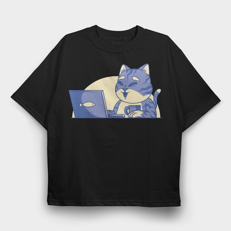 Cat In Front Of Computer, Tricou Oversize Barbati (Unisex)