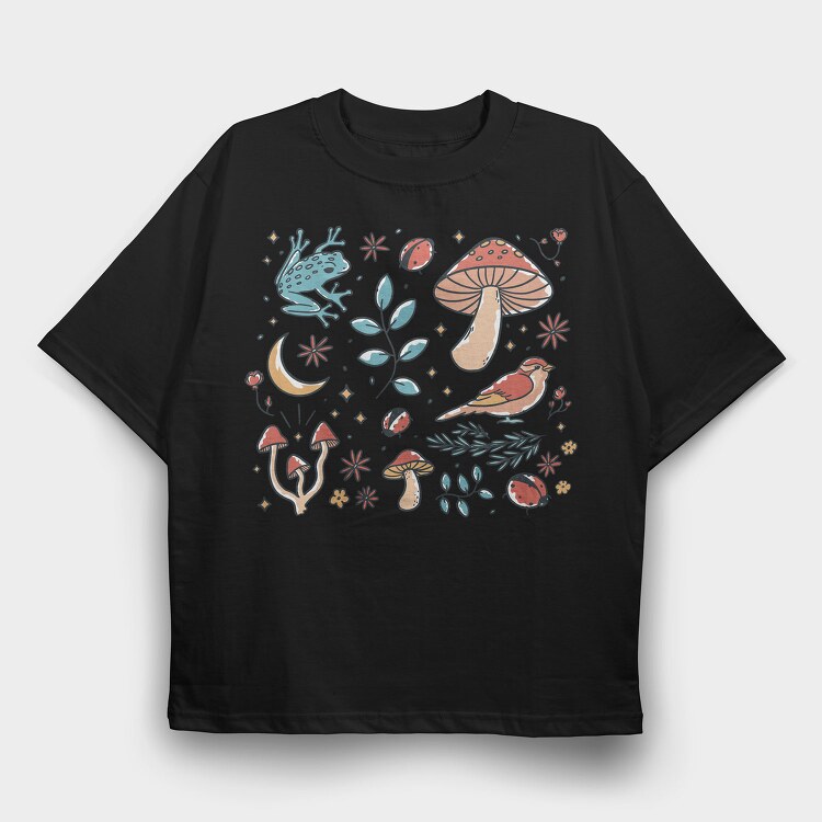 Forest Elements Mushroom Bird Frog, Tricou Oversize Barbati (Unisex)