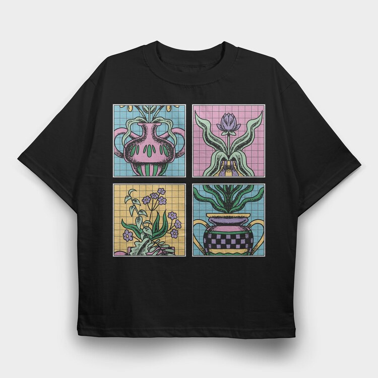 Four Flower Vase Tote, Tricou Oversize Barbati (Unisex)