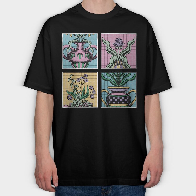 Four Flower Vase Tote, Tricou Oversize Barbati (Unisex)