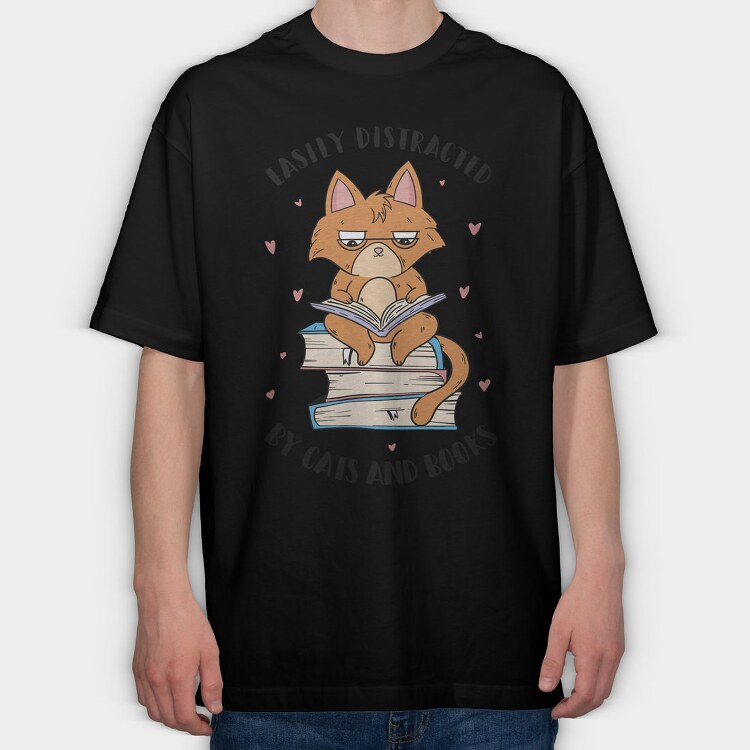 Cat Reading Books, Tricou Oversize Barbati (Unisex)