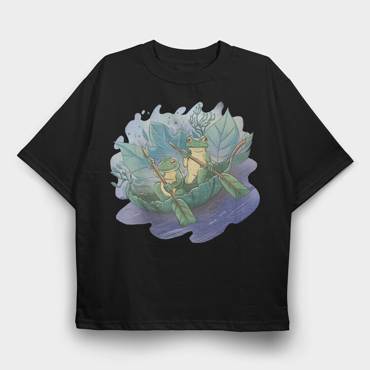 Cottagecore Frogs On Leaf Boat, Tricou Oversize Barbati (Unisex)
