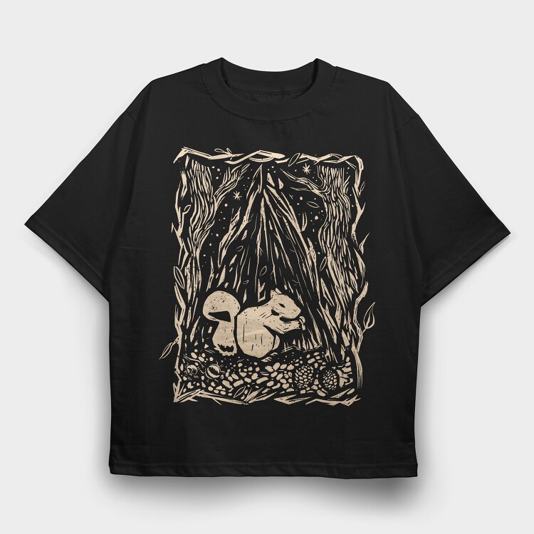 Squirrel Animal In Forest Lino Art, Tricou Oversize Barbati (Unisex)