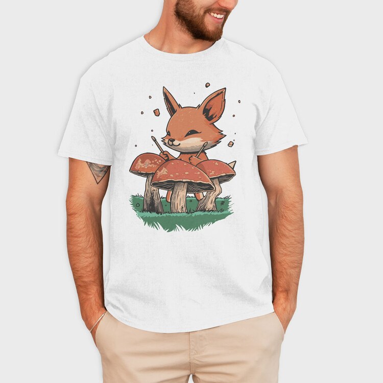 Fox Playing Drums On Mushrooms Cute, Tricou Barbati (Unisex)