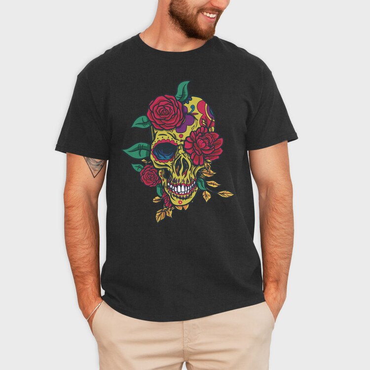 Day Of The Dead Skull With Roses, Tricou Barbati (Unisex)