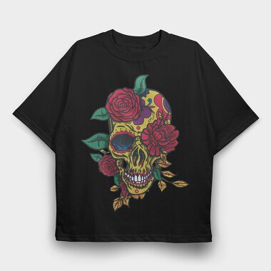 Day Of The Dead Skull With Roses, Tricou Oversize Barbati (Unisex)
