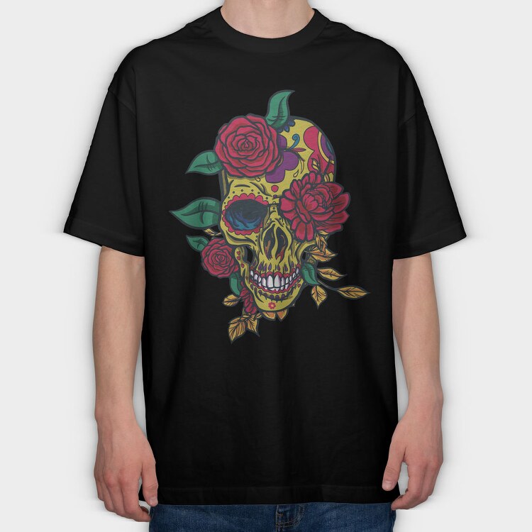 Day Of The Dead Skull With Roses, Tricou Oversize Barbati (Unisex)
