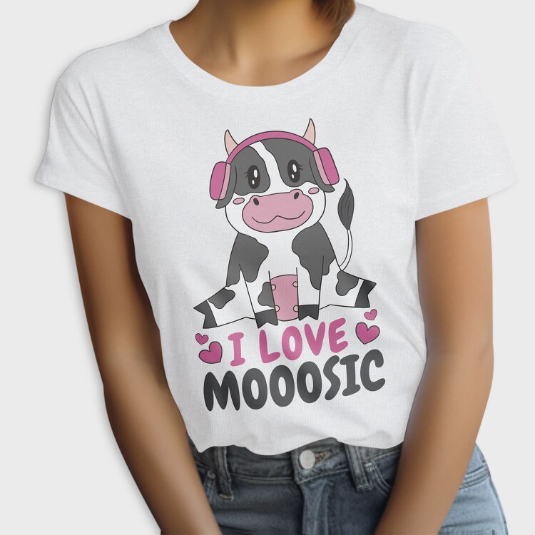 Cow With Headphones I Love Moosic, Tricou Femei