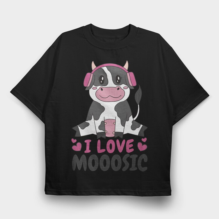 Cow With Headphones I Love Moosic, Tricou Oversize Barbati (Unisex)