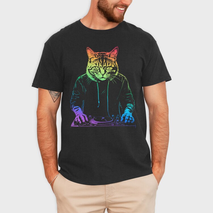 Neon Cat Dj, Tricou Barbati (Unisex)