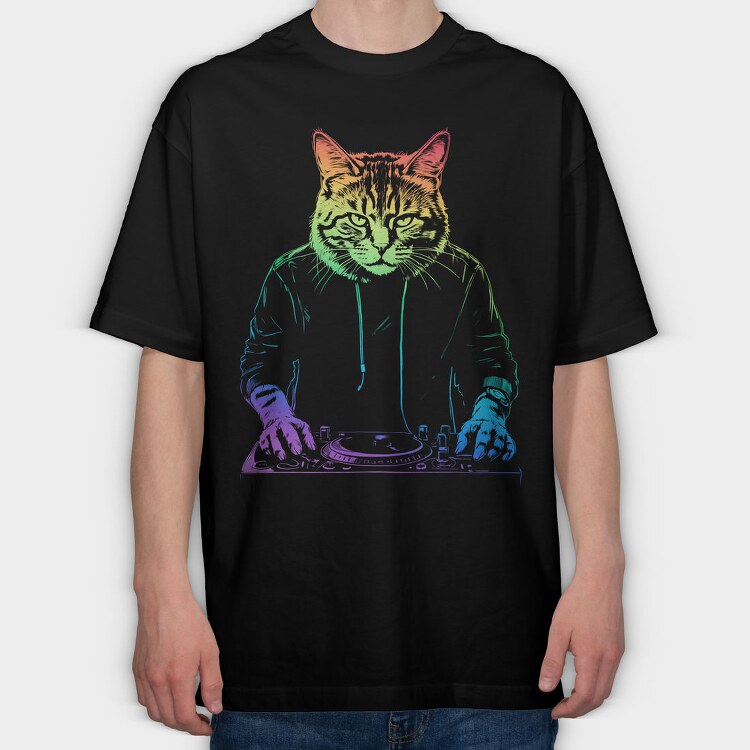 Neon Cat Dj, Tricou Oversize Barbati (Unisex)
